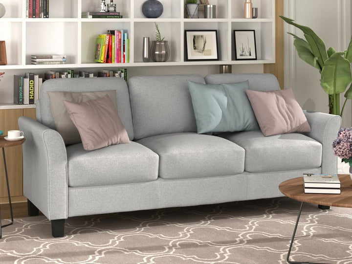 3-Seat Sofa Living Room Linen Fabric Sofa (Light Gray)DTYStore