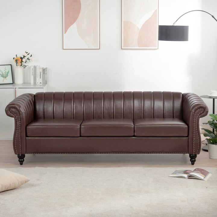 83.46'' Brown PU Rolled Arm Chesterfield Three Seater Sofa.DTYStore