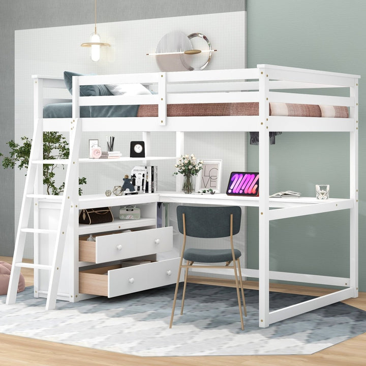Full Size Loft Bed with Desk and Shelves,Two Built-in Drawers,WhiteDTYStore