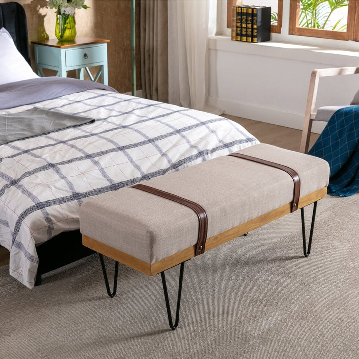 Linen Fabric soft cushion Upholstered solid wood frame Rectangle bed bench with powder coating metal legs ,Entryway footstoolDTYStore