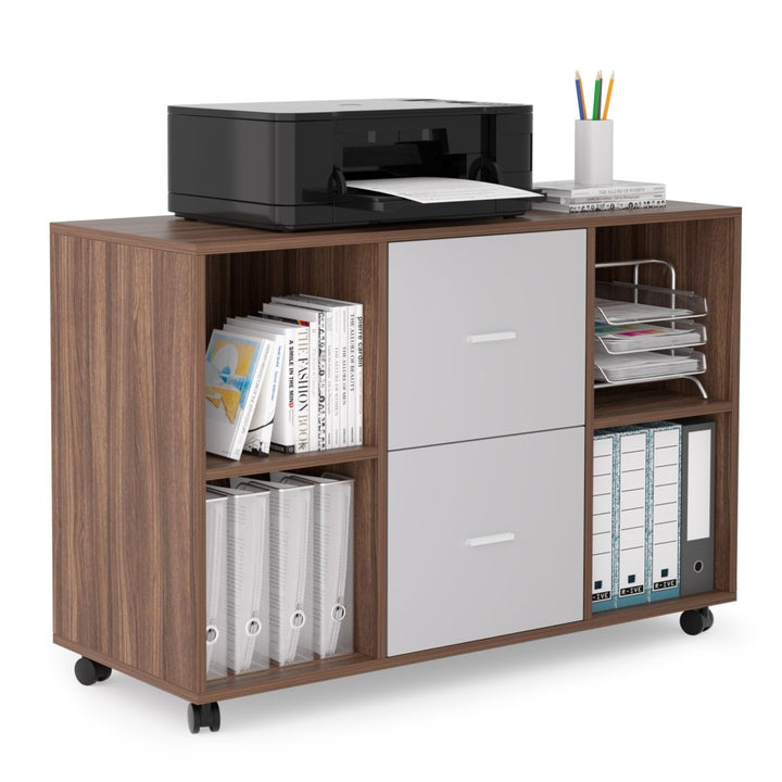 Mobile lateral filing cabinet with 2 drawers and 4 open storage cabinets, for home office, walnut-light grayDTYStore