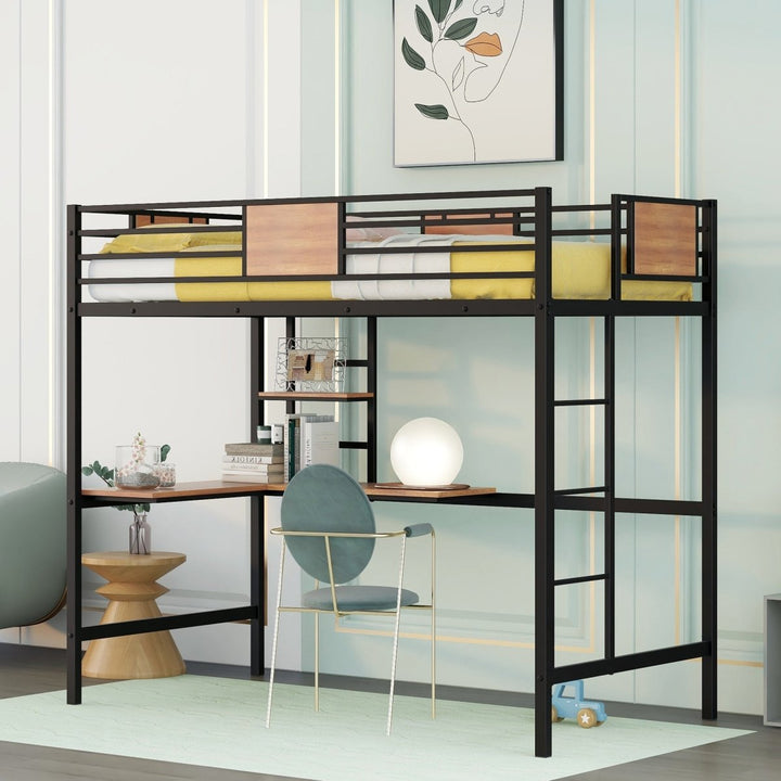 Twin Metal Loft Bed with Desk and Shelve,BlackDTYStore