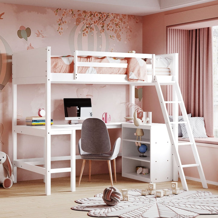Twin size Loft Bed with Shelves and Desk, Wooden Loft Bed with Desk - White(OLD SKU:LT000537AAK)DTYStore