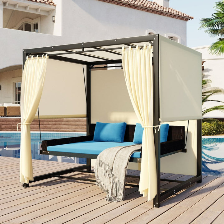 [VIDEO provided]U_Style 2-3 People Outdoor Swing Bed,Adjustable Curtains,Suitable For Balconies, Gardens And Other PlacesDTYStore