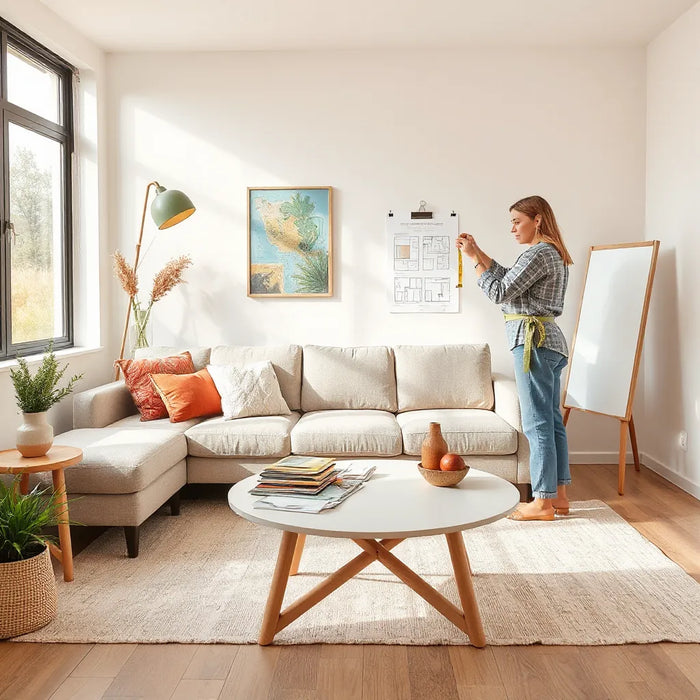 Designer reviewing custom fabric swatches and measurements in a modern living room