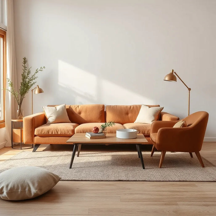 Modern living room with affordable designer-style sofa, accent chair, and coffee table in warm natural light