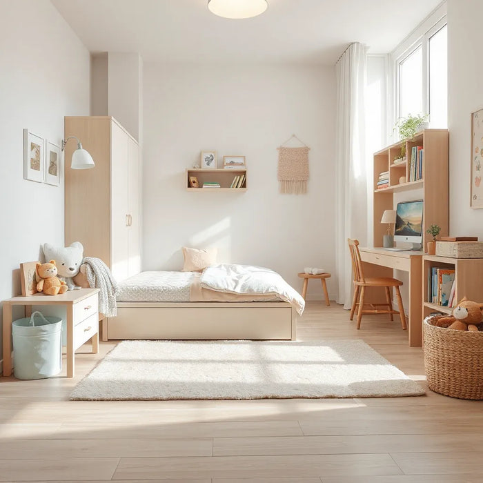 Bright kids bedroom with low bed, rounded storage, desk, and soft rug