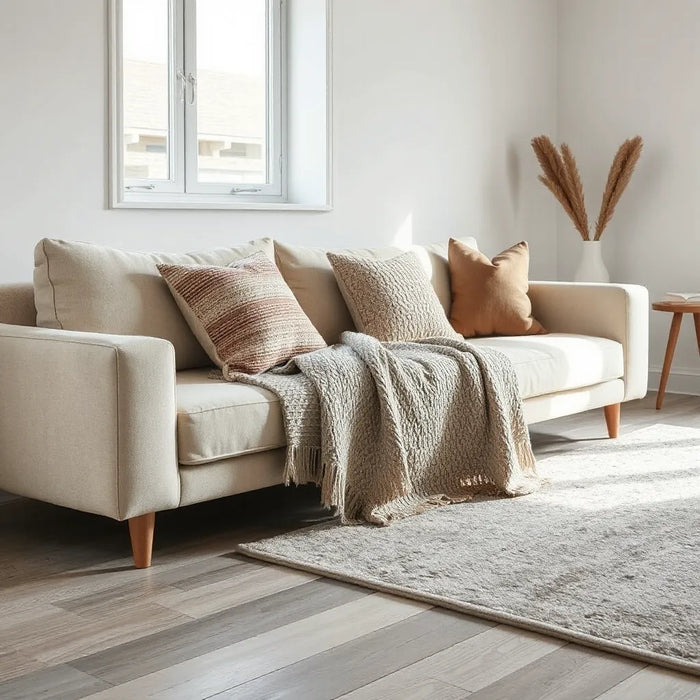 Modern sofa layered with textured throws and patterned accent pillows in soft natural light.