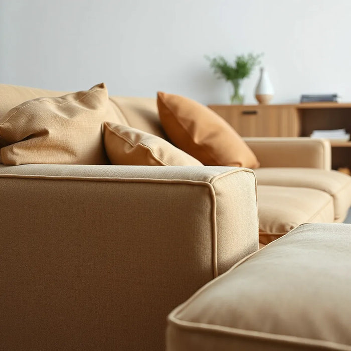Close-up of a sofa and side table showing premium wood grain, upholstery texture, and quality hardware.