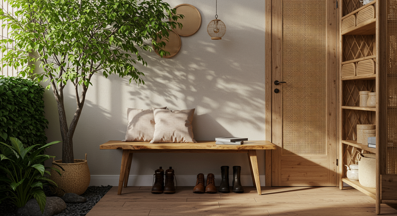 Transform Your Entryway with Tree Entryway Benches and Rattan Door Shelves: Functional and Stylish Solutions