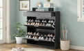 Slim Entryway Organizer with 2 Flip Drawers, Tempered Glass Top Shoe Storage Cabinet with Drawer, Free Standing Tipping Bucket Shoe Rack with LED Light for Hallway, Black - DTYStore