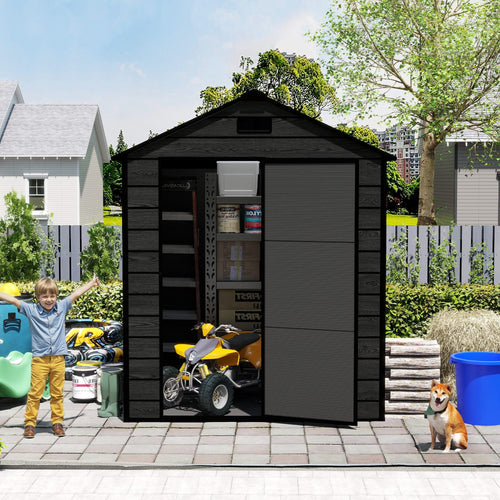 Campcraft 6*6ft resin storage shed, high quality pp material, strong structure, waterproof, rust and UV proof, large storage space, 12mm thick pp board, HD window lighting Black wood grain color - Image 10