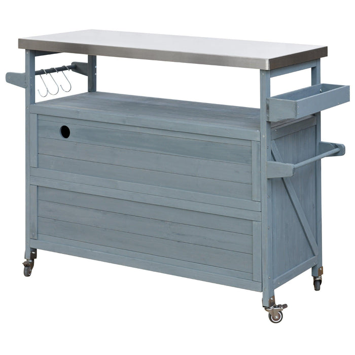 Outdoor Kitchen Island, Rolling Bar Cart & Storage Cabinet, Farmhouse Solid Wood Outdoor Grill Table with Stainless Steel Top, Spice Rack , Towel Rack for Kitchen & BBQ , Grey Blue - DTYStore