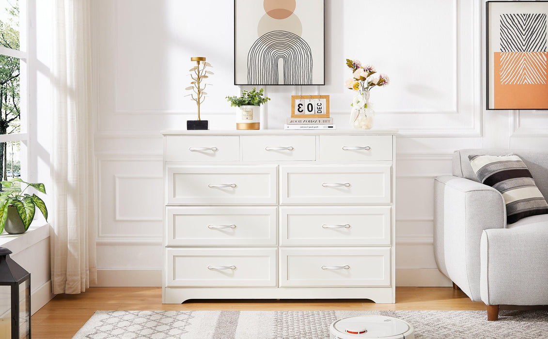 Bedroom dresser, 9 drawer long dresser with antique handles, wood chest of drawers for kids room, living room, entry and hallway, White, 47.56''W x 15.75''D x 34.45''H. - DTYStore