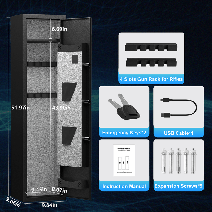 "High-Security Steel Rifle Cabinet - 3-4 Gun Capacity, Electronic Lock, Solid Bolts, Dual Alarms, LED Lighting, Silent Operation" - DTYStore