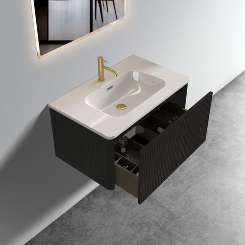 U057-Etna30W-308 Etna 30' Striped Brushed Black Oak Floating Bathroom Vanity with White Ceramic Sink, Bathroom Vanity for Modern Bathroom, One-Piece White Basin without Drain, Pre-assembled - Image 2
