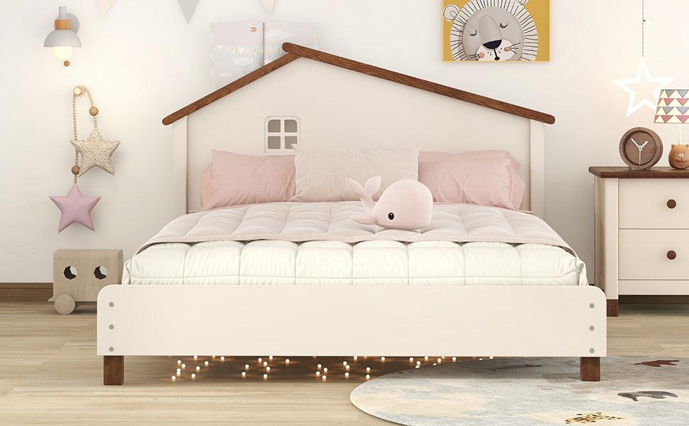 Full Size Wood Platform Bed with House-shaped Headboard (Cream+Walnut) - DTYStore