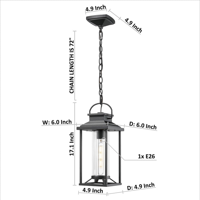 Outdoor Pendant Lights for Porch, Black Exterior Chandelier for Gazebo, Modern Outside Hanging Lanterns Outdoor Ceiling Light Fixture with Ribbed Glass for House Patio, Anti-Rust Waterproof (1 pack) - DTYStore