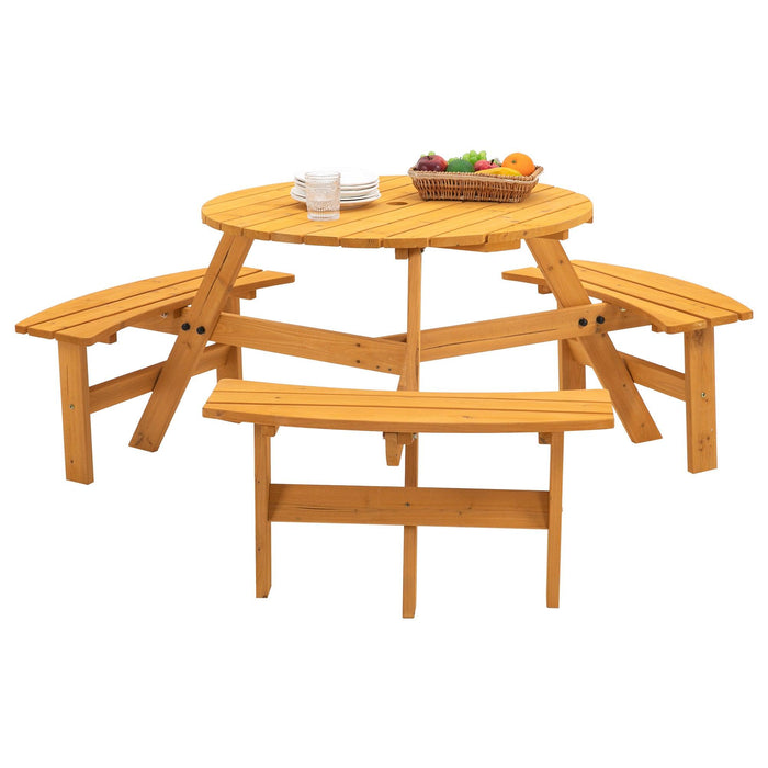 6-Person Circular Outdoor Wooden Picnic Table for Patio, Backyard, Garden, DIY w/ 3 Built-in Benches, 1720lb Capacity - Natural - DTYStore