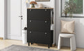 Narrow Design Tipping Bucket Shoe Cabinet with 3 Flip Drawers, Wood Grain Pattern Top Entryway Organizer with 3 Hooks, Free Standing Shoe Rack with Adjustable Panel for Hallway, Black - DTYStore
