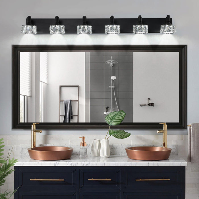 Modern 6-Light Matte Black LED Vanity Light Fixture with Crystal Glass Shades, Bathroom Wall Sconce for Elegant and Contemporary Home Decor - DTYStore