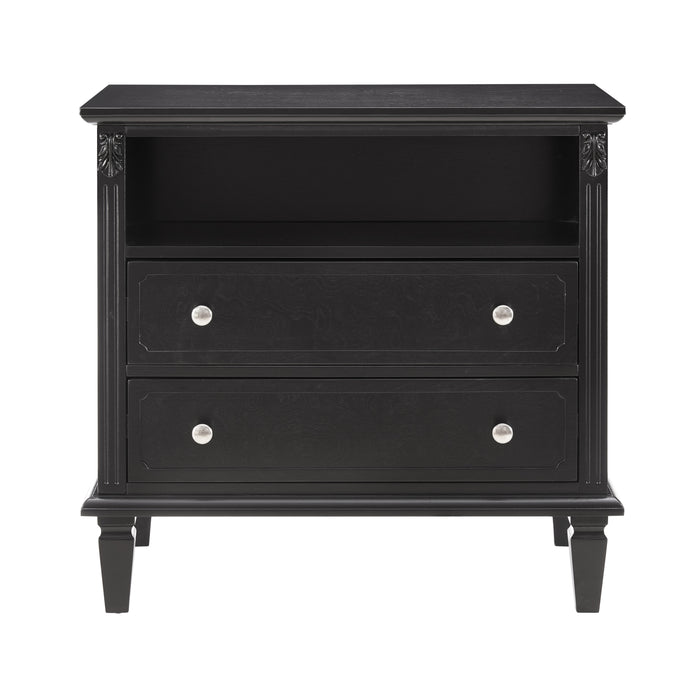 Open Space and 2 Drawers Dresser Nightstand with Charging Station, Farmhouse End Table with USB Ports and Outlets, Fluted Pilasters Design Side Table with Solid Wood Legs for Bedroom