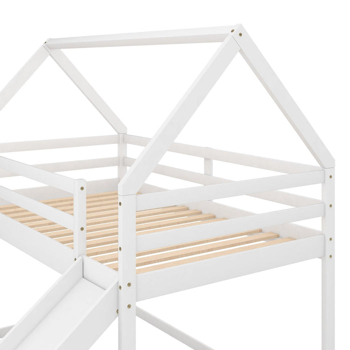Twin Size Bunk House Bed with Slide and Ladder,White - DTYStore