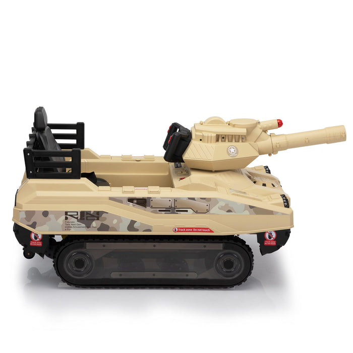 Ride On Tank 24V Thunder Tank Car with Fighting Cannon and Rotating Turret, Remote Control, Lights, Music, Military Battery Powered Truck Toy Gift for Boys Girls, 3-8 Years Old, Desert Yellow - DTYStore