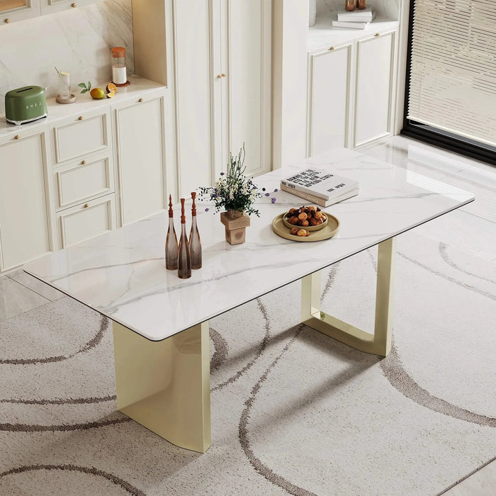 0.47' Thick Sintered Stone Composite Tempered Glass Top Rectangular Dining Table with Stainless Steel Base Default -DTYStore