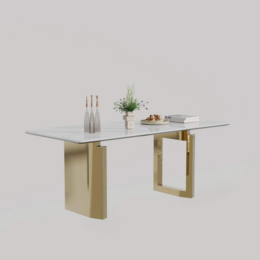 0.47' Thick Sintered Stone Composite Tempered Glass Top Rectangular Dining Table with Stainless Steel Base Default -DTYStore