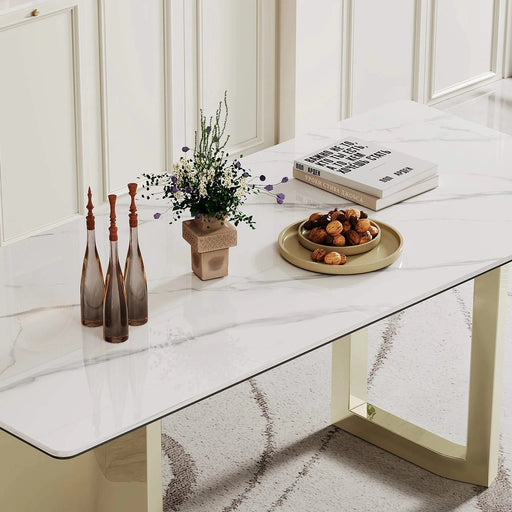 0.47' Thick Sintered Stone Composite Tempered Glass Top Rectangular Dining Table with Stainless Steel Base Default -DTYStore