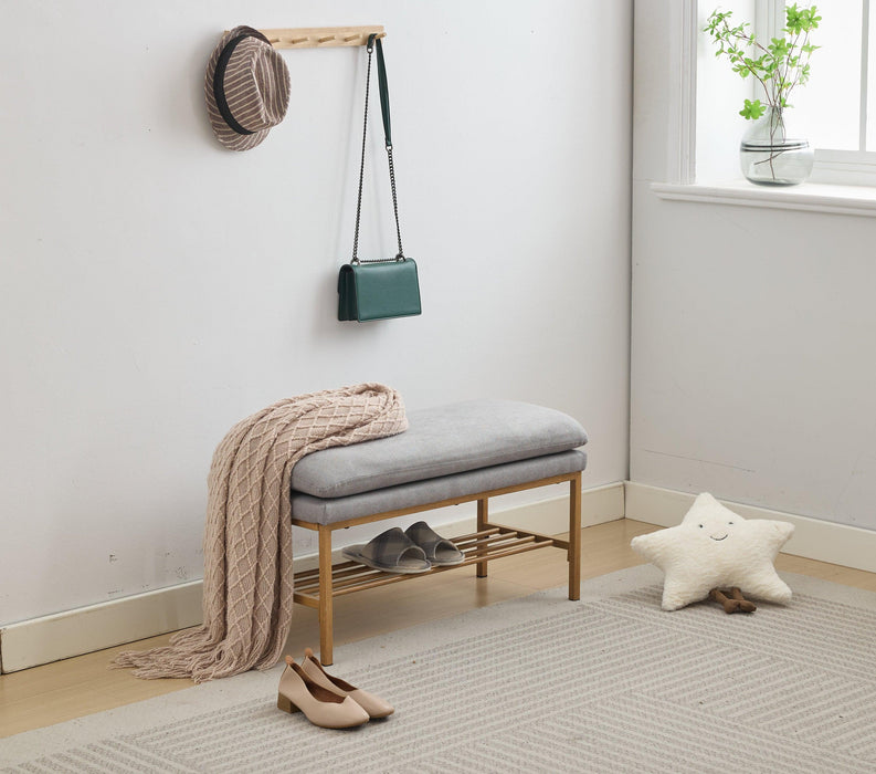 End of Bed Bench with Shelf, Linen Upholstered Storage Shoe Bench, Modern Bedroom Bench with Metal Legs for Living Room, Entryway, Dining Room, 300 LB, Linen Color(Gray) - DTYStore