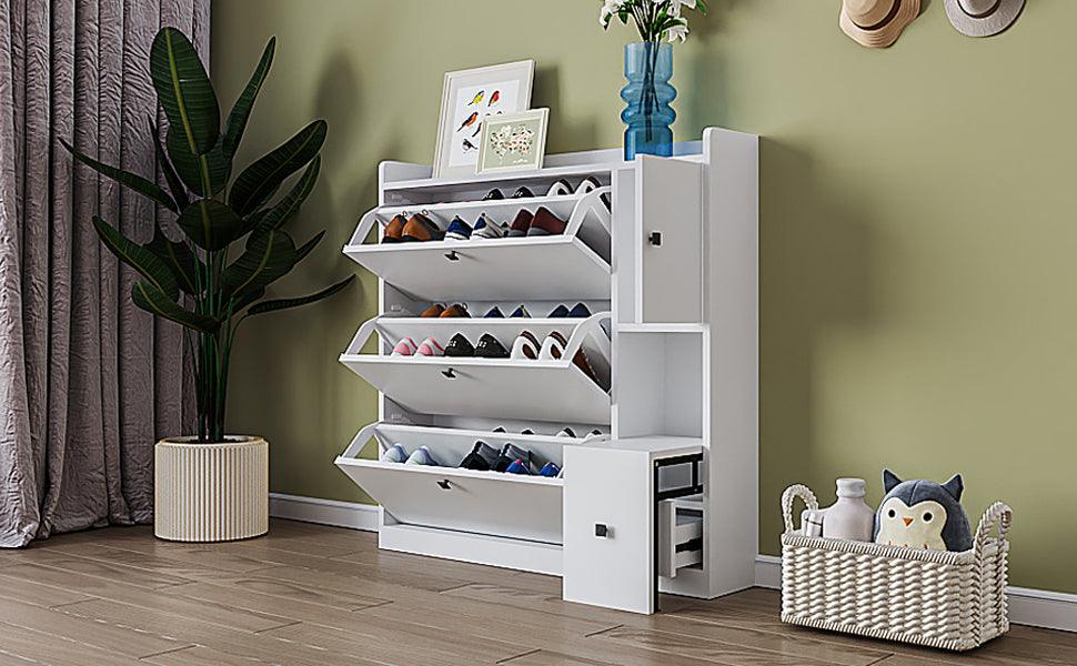 Versatile Tipping Bucket Shoe Cabinet with 3 Flip Drawers, Maximum Storage Entryway Organizer with Drawer, Free Standing Shoe Rack with Pull-down Seat for Hallway, White - DTYStore