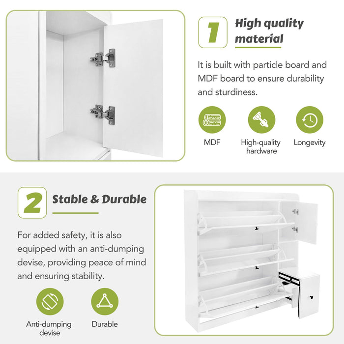 Versatile Tipping Bucket Shoe Cabinet with 3 Flip Drawers, Maximum Storage Entryway Organizer with Drawer, Free Standing Shoe Rack with Pull-down Seat for Hallway, White - DTYStore