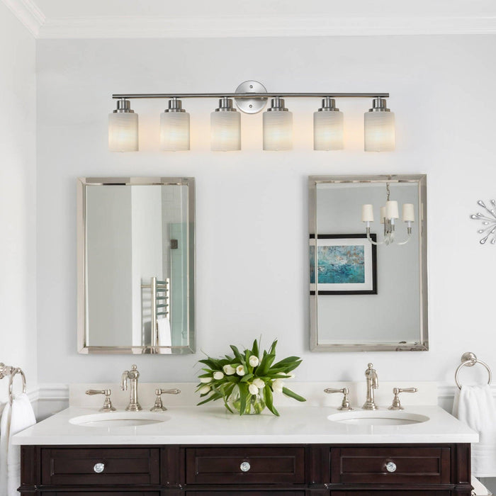 Modern 6-Light Vanity Wall Sconce, Brushed Nickel Finish with Frosted Glass Shades for Bathroom or Hallway Lighting (No Bulbs) - DTYStore
