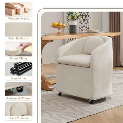 059-Set of 1 Chenille Fabric Dining Armchair With Back Cushion and Universal Wheels,Beige Default -DTYStore