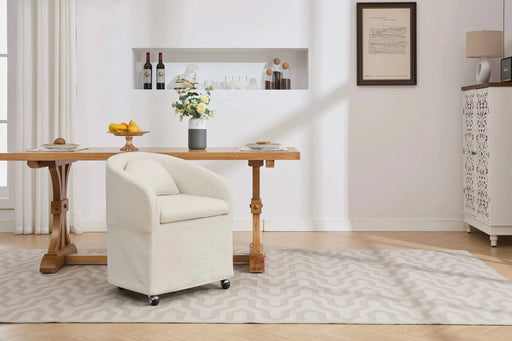 059-Set of 1 Chenille Fabric Dining Armchair With Back Cushion and Universal Wheels,Beige Default -DTYStore