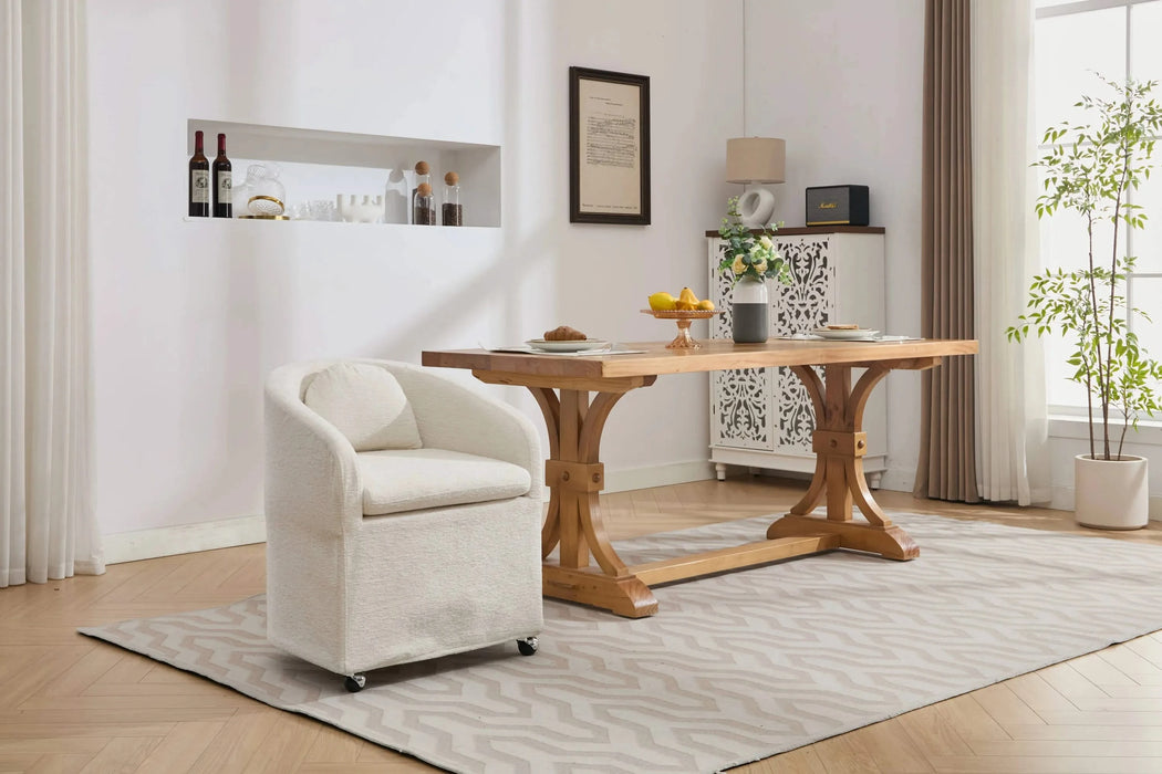 059-Set of 1 Chenille Fabric Dining Armchair With Back Cushion and Universal Wheels,Beige Default -DTYStore