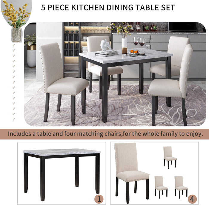 Faux Marble 5-Piece Dining Set Table with 4 Thicken Cushion Dining Chairs Home Furniture, White/Beige+Black - DTYStore