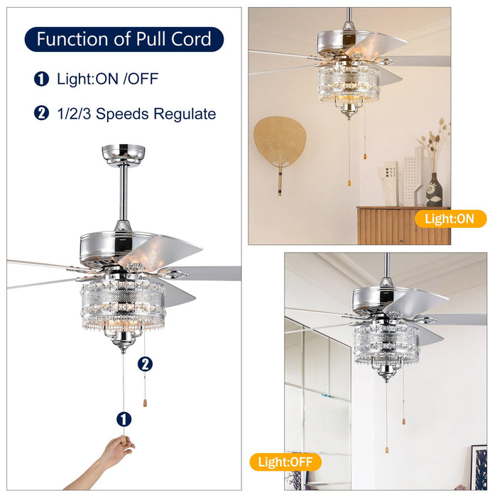 52'' Classical Crystal Ceiling Fan Lamp 5 Reversible Blades for Living Room, Dining Room, Bedroom, Family Room, Chrome (Hand Pull Chain) - DTYStore