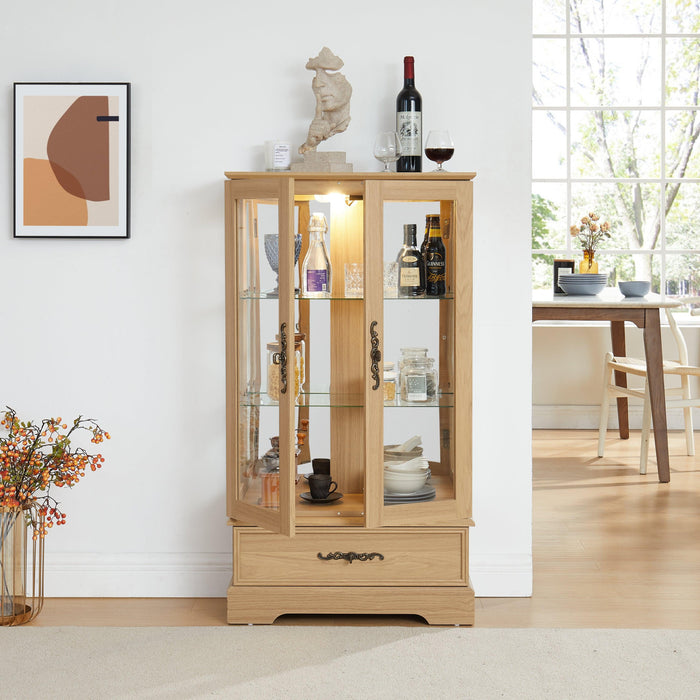 Glass Cabinet Lighted Glass Cabinet Curio Display Cabinet with Adjustable Glass Shelves 2 Doors and 1 drawer Cabinet Bulb Included OAK - DTYStore