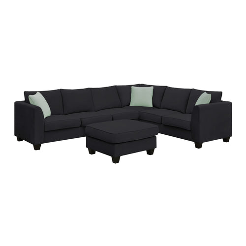 Modern Black L Shape Fabric Sectional Sofa with Ottoman and Pillows, 112*87 Inches, 7 Seats - Image 12