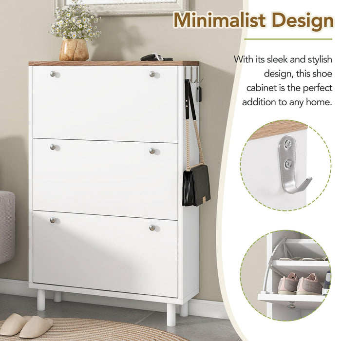 Narrow Design Tipping Bucket Shoe Cabinet with 3 Flip Drawers, Wood Grain Pattern Top Entryway Organizer with 3 Hooks, Free Standing Shoe Rack with Adjustable Panel for Hallway, White - DTYStore
