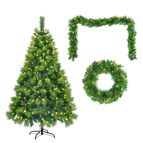 6FT Grass Green Christmas Tree, Large Branches Pine Tree, Pre-Lit Set with Tree & Garland & Wreath, Artificial Christmas with Pine Cones, Hinged Xmas Tree , for Holiday Party Ofiice Home - Image 8