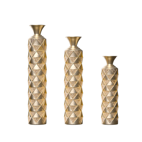 Metal Decorative Vase High Distress Metal Center Vase With 3D Triangle Pattern, Set Of 3 Vases for Home Decoration 33.5', 29.5', 25.2'High, Gold - Image 1