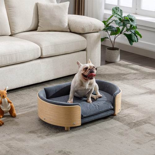 Scandinavian style Elevated Dog Bed Pet Sofa With Solid Wood legs and Bent Wood Back, Velvet Cushion,Mid Size,Dark Grey - Image 4