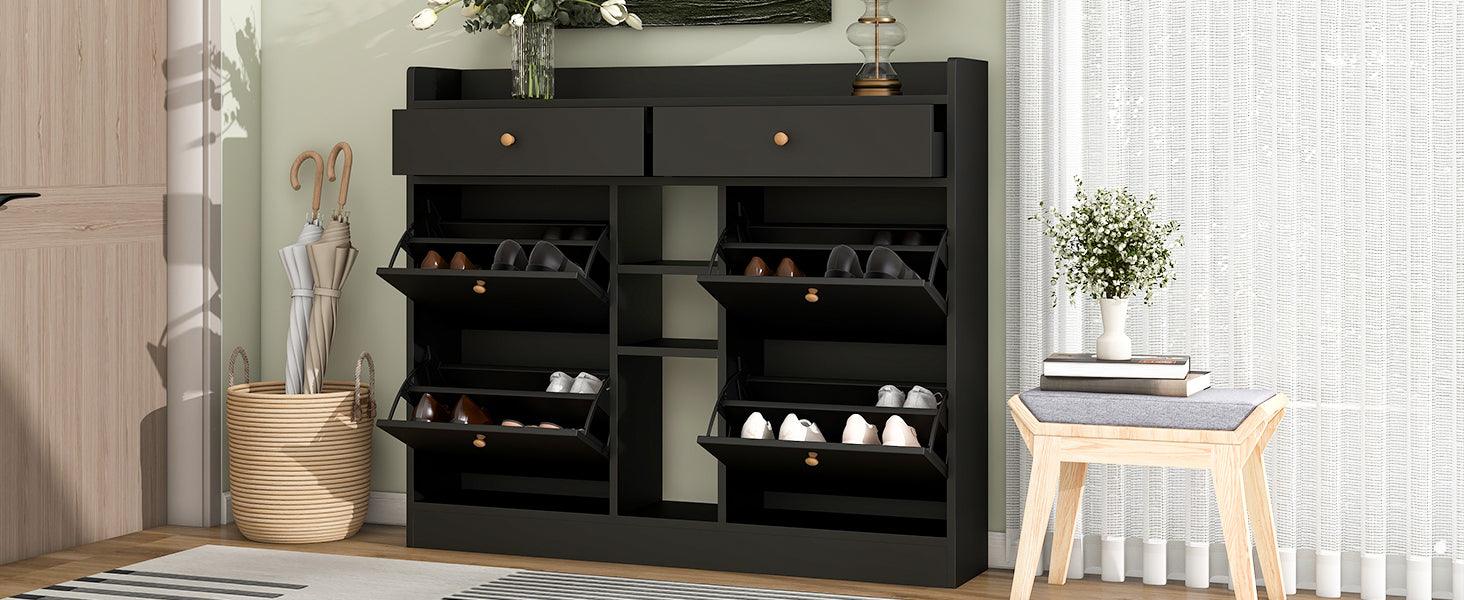 Modern Tipping Bucket Shoe Cabinet with 4 Flip Drawers, Multifunctional 2-Tier Shoe Storage Organizer with Drawers, Free Standing Shoe Rack for Entrance Hallway, Black. - DTYStore