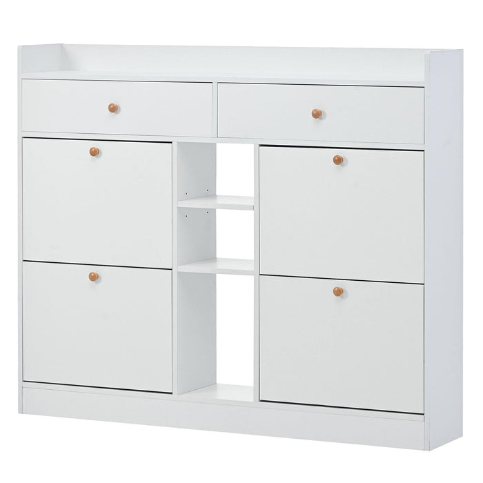 Modern Tipping Bucket Shoe Cabinet with 4 Flip Drawers, Multifunctional 2-Tier Shoe Storage Organizer with Drawers, Free Standing Shoe Rack for Entrance Hallway, White. - DTYStore