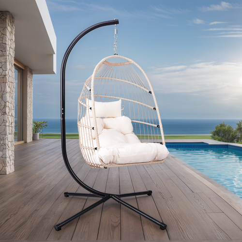 Outdoor Egg Hanging Chair with Stand, Patio Wicker Swing Egg Chair Indoor Swinging Chair Outdoor Hammock Egg Chair Off-white - Image 2