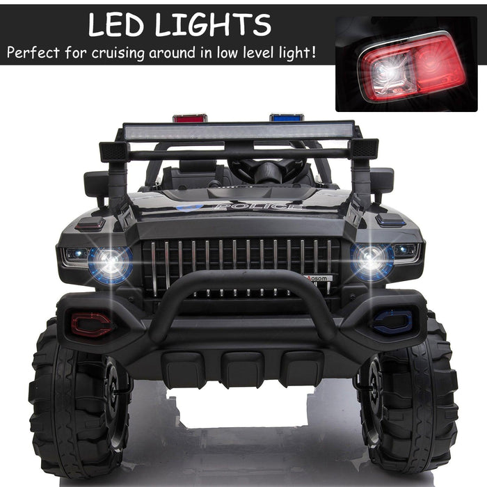 Big Size 53"L 2-Seater 12V Police Car Ride-on Truck with Remote Control and Siren, Battery-Operated Electric Car for Kids with Suspension, MP3 Player, Lights, Music, Horn, Black